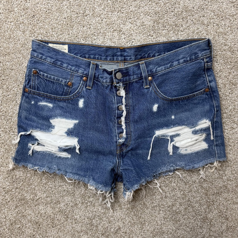 Levi's Shorts Womens 34 Blue Denim 501 Distressed Button Fly Cutoff Raw Hem